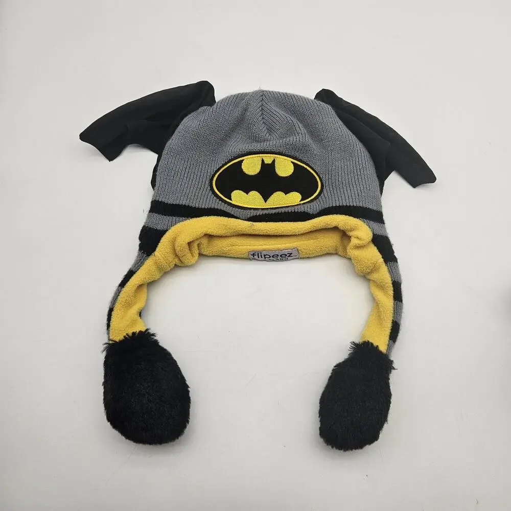 Batman Hat Cap Flipeez Snap Back Youth One Size‎ Gray Black Yellow Bat Ears Cozy